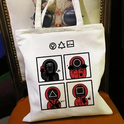 Cute Squid Game Shopping Bags 067 456 Cartoon Canvas Tote Bag Shopping Books Large Capacity Bag Shoulder Bags Handbags For Women