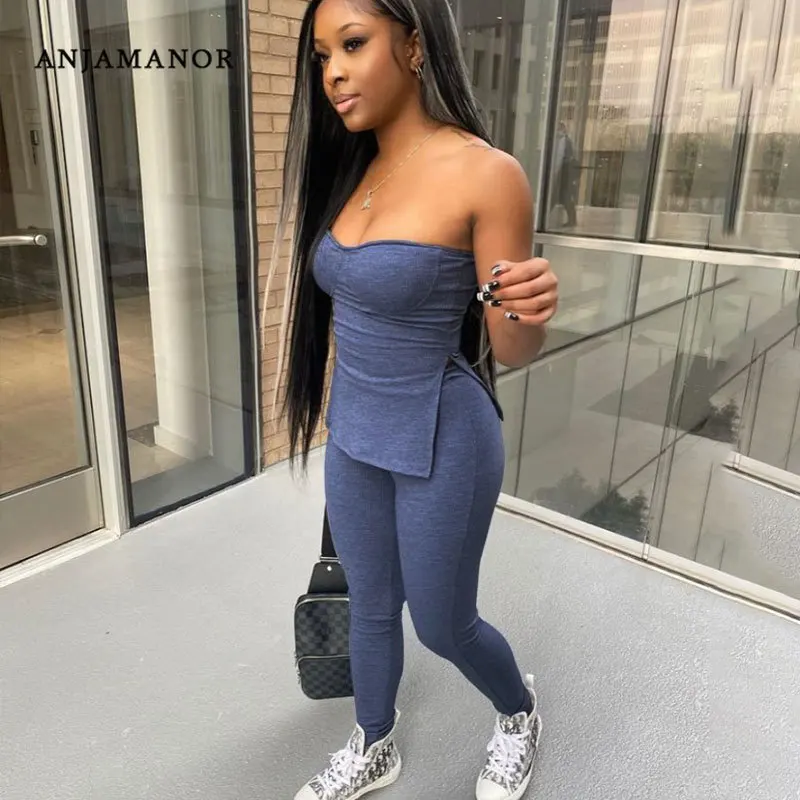 ANJAMANOR-Conjuntos de 2 piezas de punto de costilla para mujer, ropa Sexy informal, tumbona, Top de tubo y pantalón, artículos al por mayor, 2021 D21-CH34