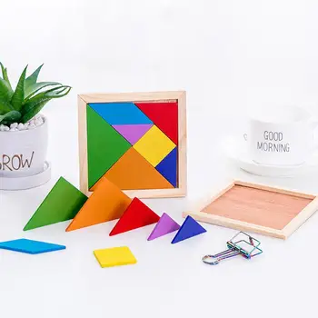 

Wooden Tangram 7 Piece Jigsaw Puzzle Colorful Square IQ Game Brain Teaser Intelligent Educational Toys for Kids