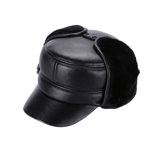black Новые зимние мужские шапки-бомберы из натуральной кожи, теплые толстые мужские шапки из натуральной овечьей кожи, популярные уличные шапки из натуральной кожи - Цвет: black