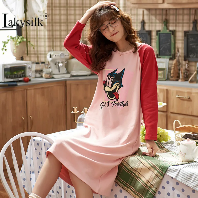 

M-3XL Women Cotton Nightgown Cartoon Long Sleeve Soft Pink Nightdress Ladies Girls Plus Size Autumn Winter Casual Nightshirts