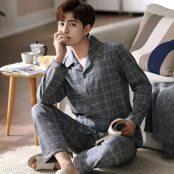

Men's Pajamas Cotton Long-Sleeved Spring and Autumn Thin Section Green Home Suit Sleepwear Middle-aged Summer Homewear Set