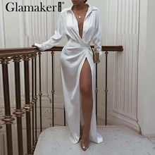 Glamaker, белое сатиновое сексуальное платье-рубашка, Элегантное макси-платье с разрезом, платье с глубоким отложным воротником и длинным рукавом, vestidos de fiesta