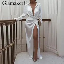 Glamaker, серебристо-белый атласный халат, рубашка, платье 2019, винтажное Элегантное зимнее платье, глубокий v-образный вырез, сексуальное