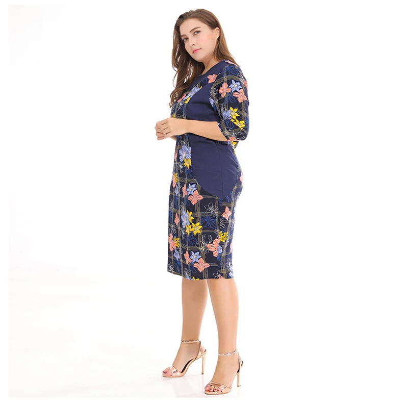 Summer Women Floral Print Dress Europe Large Size Female Dresses Casual Blue Spliced Woven Garments Half Sleeve O-Neck Lady