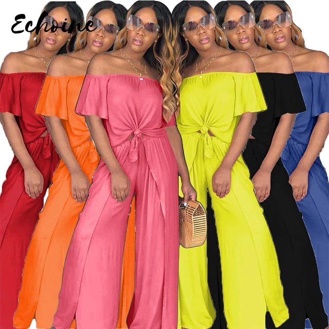 US $13.59 Echoine S-XXXL Loose Slash Neck Summer Women Suits Jumpsuits Outfit Two Pieces Pants Sets Casual Se