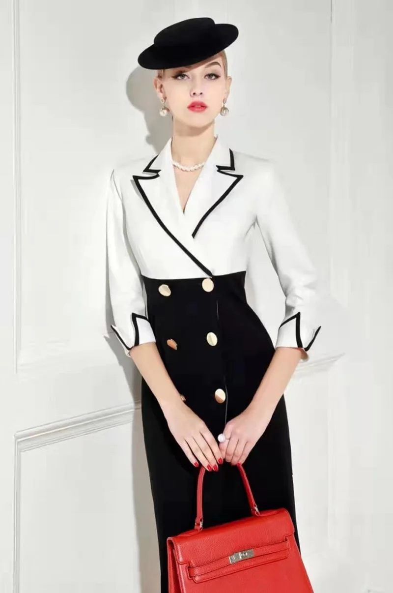 Elegant Work Dress Autumn Fashion Women Notched Collar Black White Color Block Double Breasted Bodycon Dress Office Lady