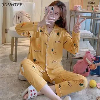 

Pajama Sets Women Spring Long Sleeve Turn-down Collar Printed Korean Style Elegant Homewear Womens Pyjamas Trendy Chic Ulzzang