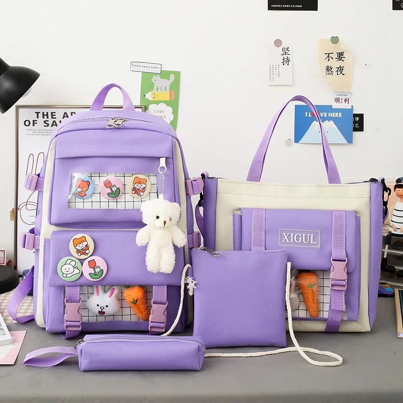 2021 New 4 Pcs Set Kawaii Women's Backpack Purple Colours Cute Canvas School Bags for Teenage Girls College Student Kids BookBag 