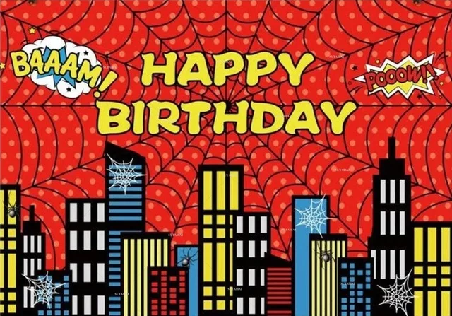 Happy Birthday Party Superhero Backdrop Comics Children City Buildings  Spider Web Boom Cityscape Theme Photocall Background - Backgrounds -  AliExpress