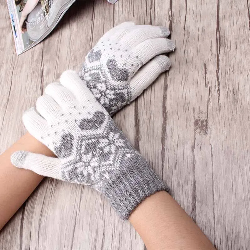 Winter Warm thick touch screen gloves Women's Cashmere wool Knitted Gloves Heart Snowfla Mittens for Mobile Phone Tablet Pad