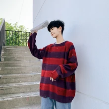 Autumn Hole Sweater Men's Fashion Contrast Color Casual Knit Pullover Man Streetwear Wild Loose Long Sleeve Striped Sweater Autumn Hole Sweater Men's Fashion Contrast Color Casual Knit Pullover Man Streetwear Wild Loose Long Sleeve Striped Sweater