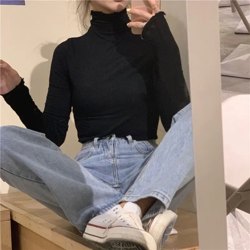 Long Sleeve T-shirts Women Solid Simple Basic All-match Korean Trendy Womens Tops Daily Soft Autumn Popular Ladies Clothing Tee