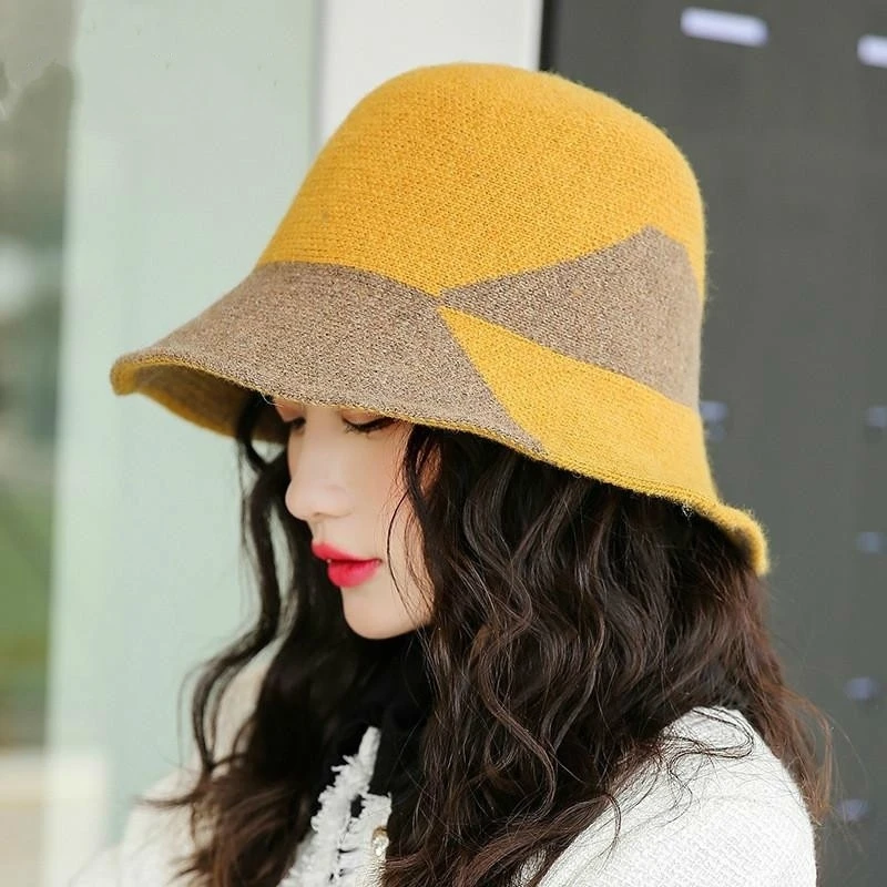 Yellow Hat Female Korean Style Thick Warm Windproof  Winter Bucket Hat Wool Knitted Fisherman Hats for Women cool bucket hats