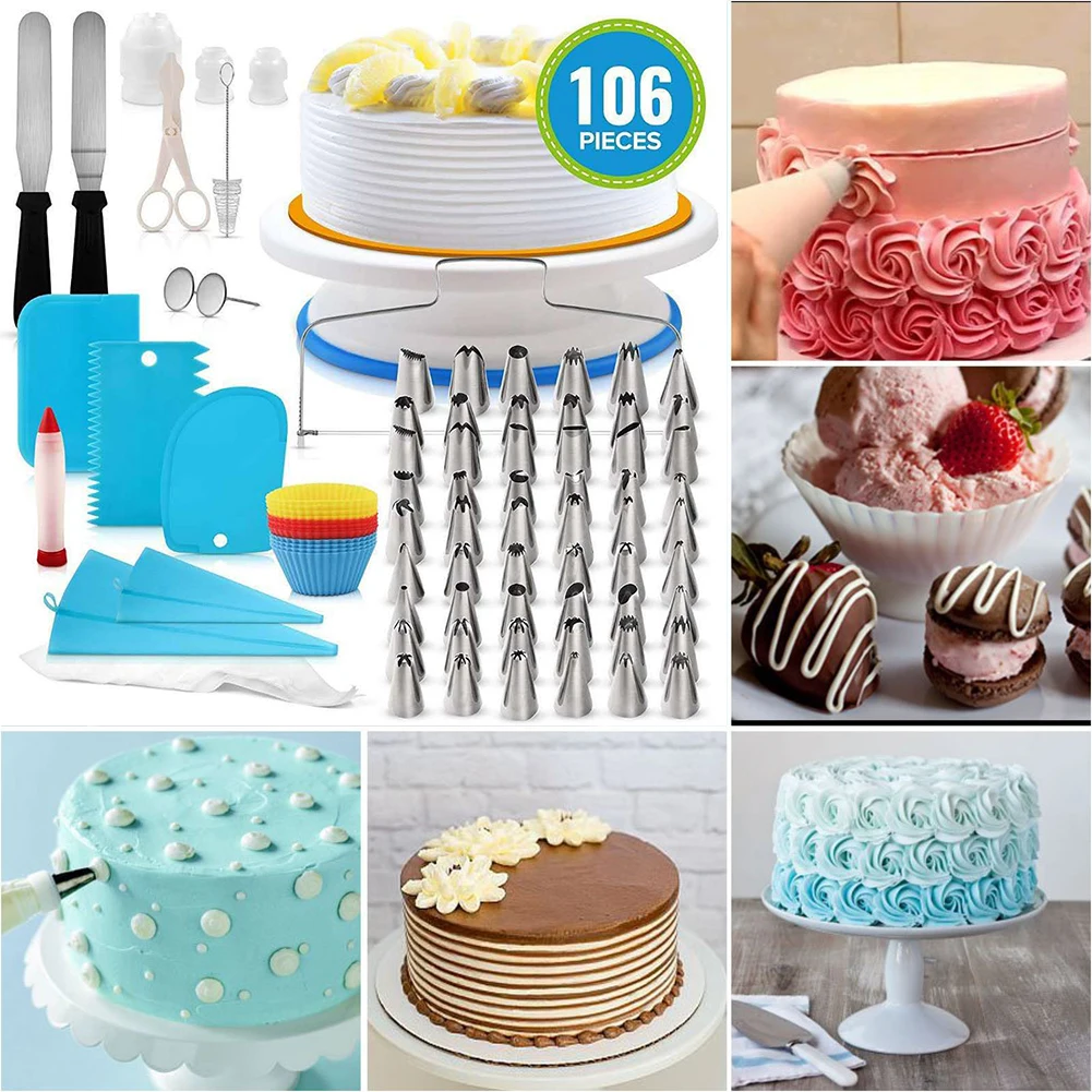 106pcs Baking Multifunction With Scrapers Dessert Pastry Tube Cups Decorating Pen Cake Turntable Set Non Slip Kitchen DIY Home