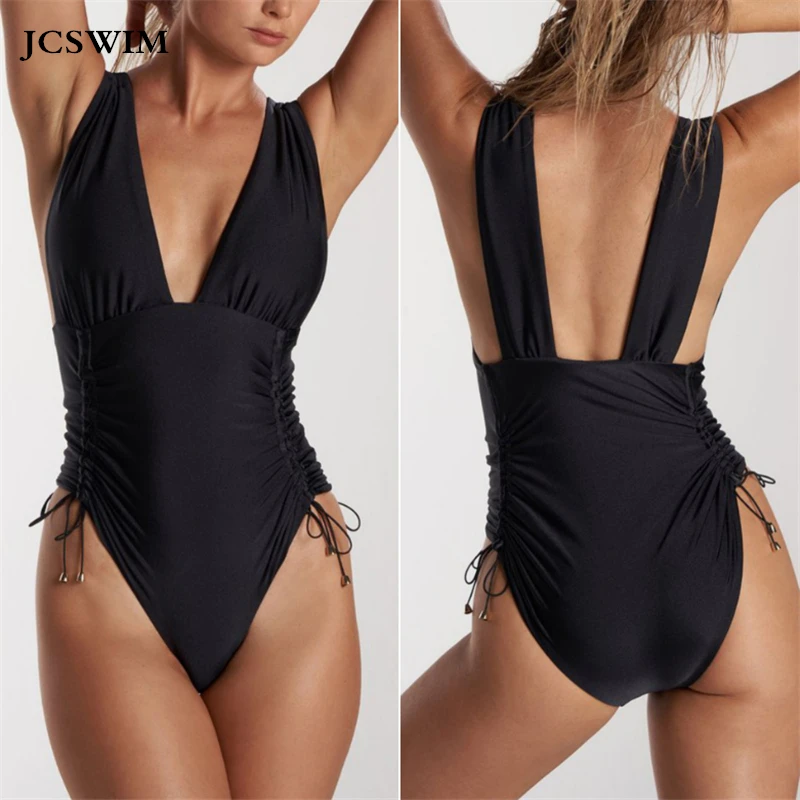 

JCSWIM One Piece Solid Black Swimsuit Women Deep V Neck Bikini Swimwear 2020 Summer Sexy Halter Bathing Suit Women New Bodysuit