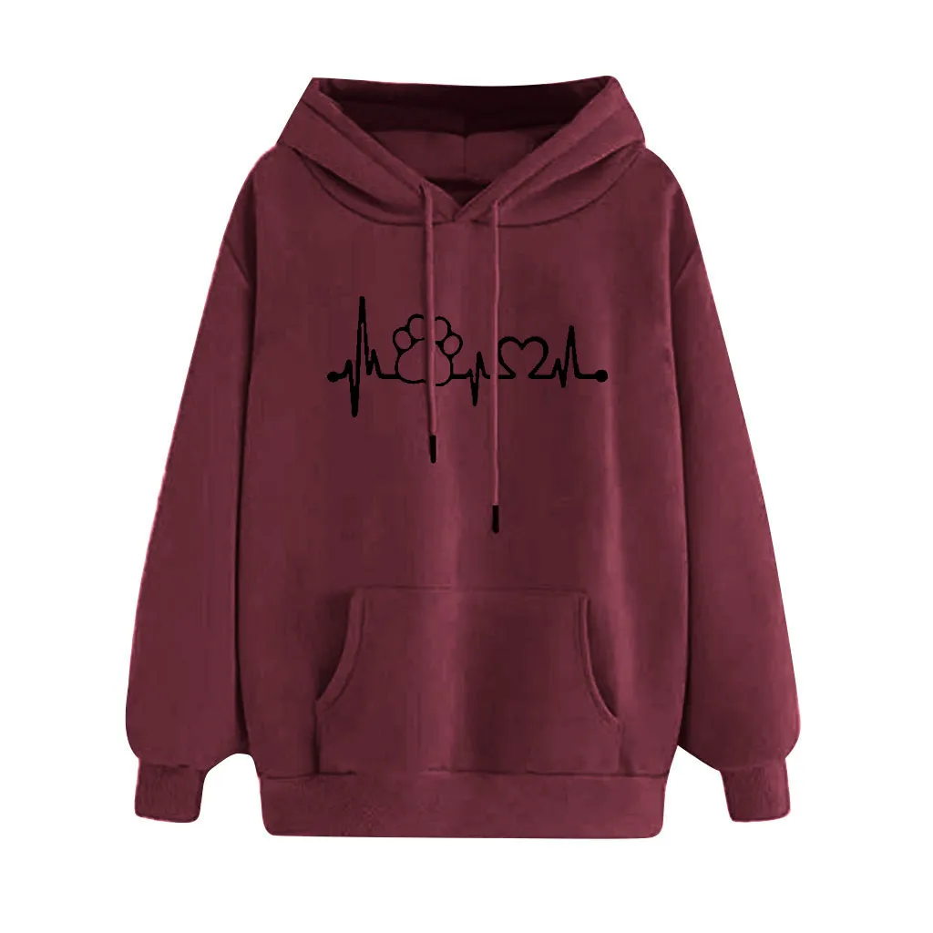 JAYCOSIN Fashion Women Dog Claw Heart Shape Sweatshirt Casual Simple Loose Solid Color Hoodie Comfortable Soft Pullove Tops