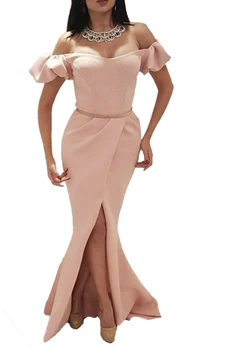 

YiMinpwp Pink Mermaid Prom Dresses Off Shoulder Side Split Pleats Sweep Train Long Formal Evening Party Gowns Plus Size