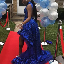 Королевское синее длинное платье для выпускного вечера сексуальная высокая-Низкая стильная открытая спина блестящая африканская темнокожая девушка платье для выпускного вечера