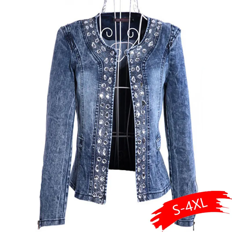 Best Denim Jackets for Women Rhinestone Paillette Woman Coats Blaser Vintage Water-Wash Casual Lady Jean
