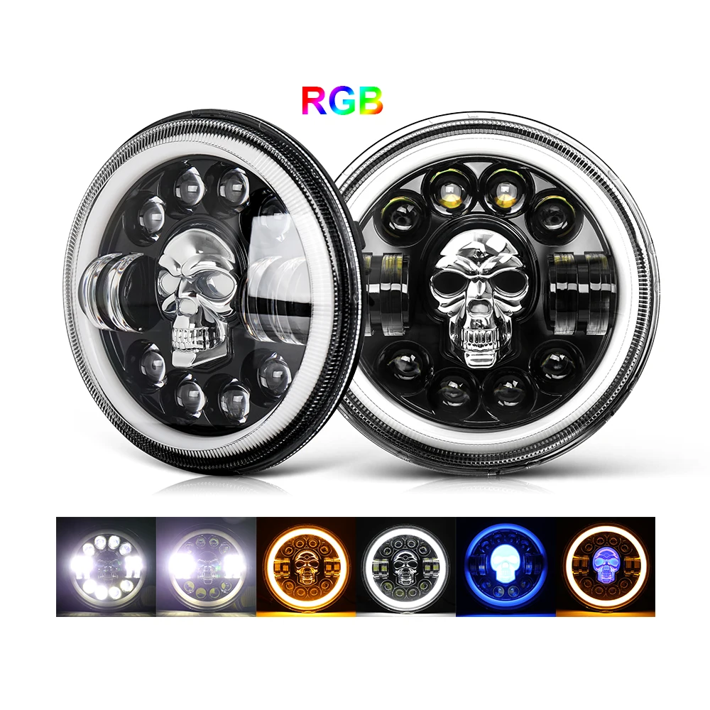 

Dot E9 Skull RGB Super Bright LED Lamp Angle Eyes Halo Ring DRL Round Motorcycle 7 Inch LED Headlights for Wrangler JK