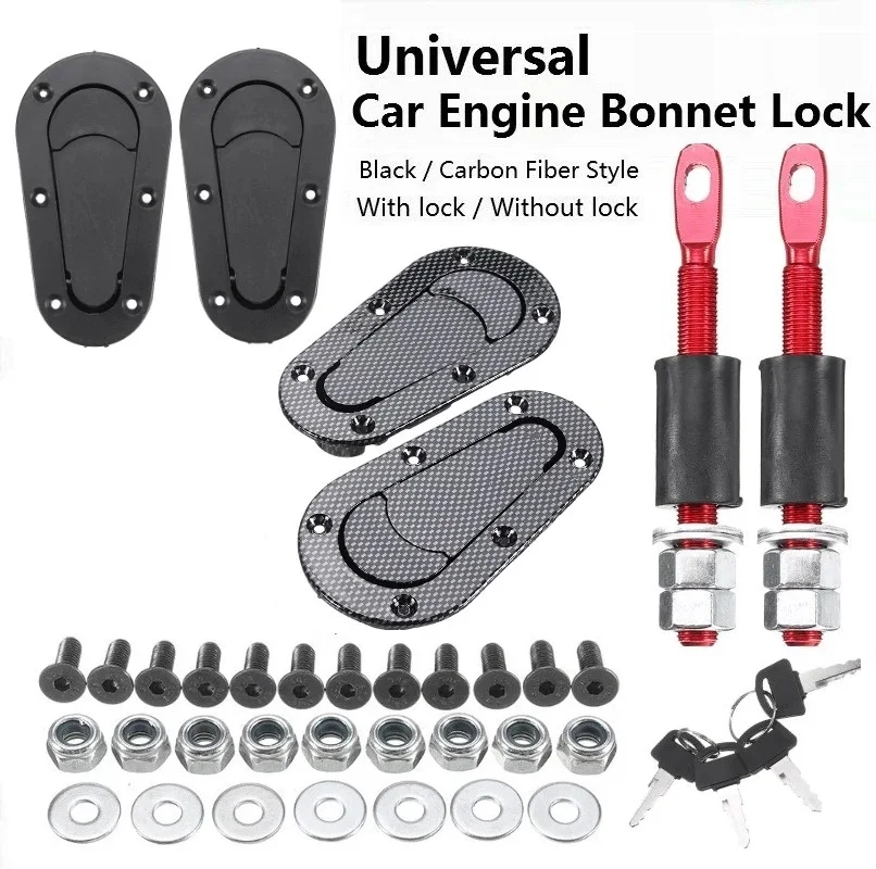 Black RACING Mount Bonnet Carbon Fiber Hood Pins Latch Key Locking Kit BBL2PC001