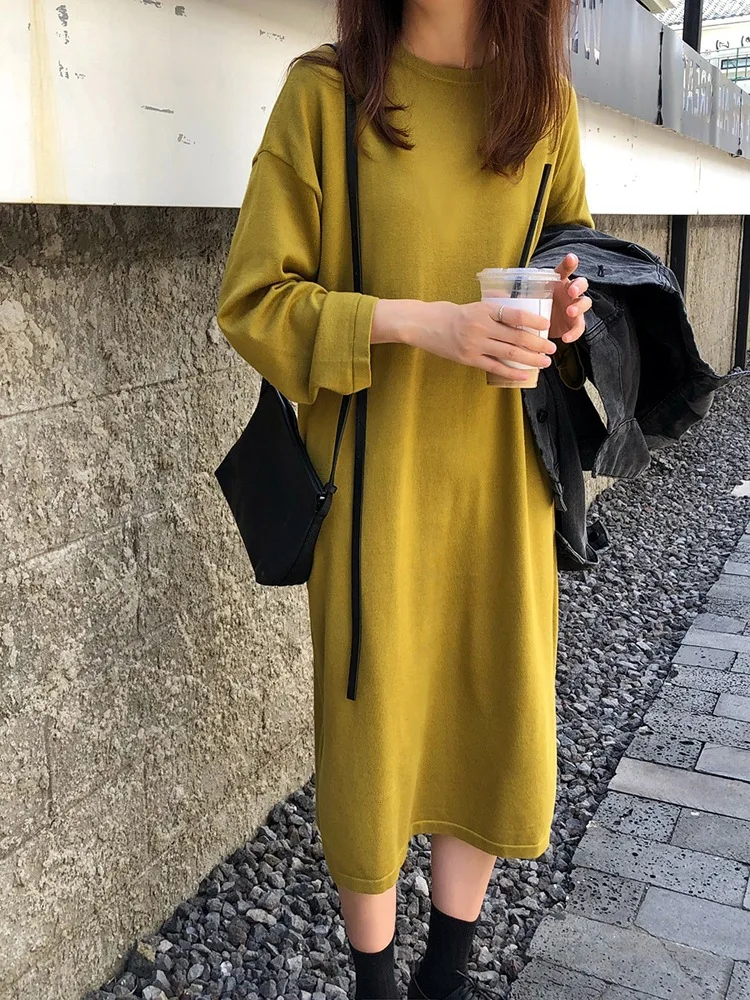 

Base-Base Knitted Dress Loose-Fit Slimming Simple Mid-length Dress Sweater Dress Women's Autumn And Winter