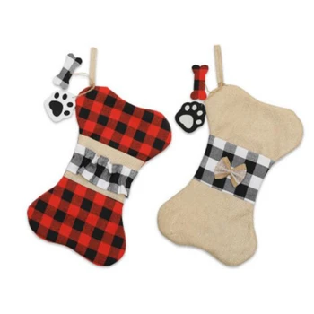 

2 Pcs Pet Dog Christmas Stockings, Buffalo Plaid Large Bone Shape Pets Stockings for Dogs Christmas Decorations