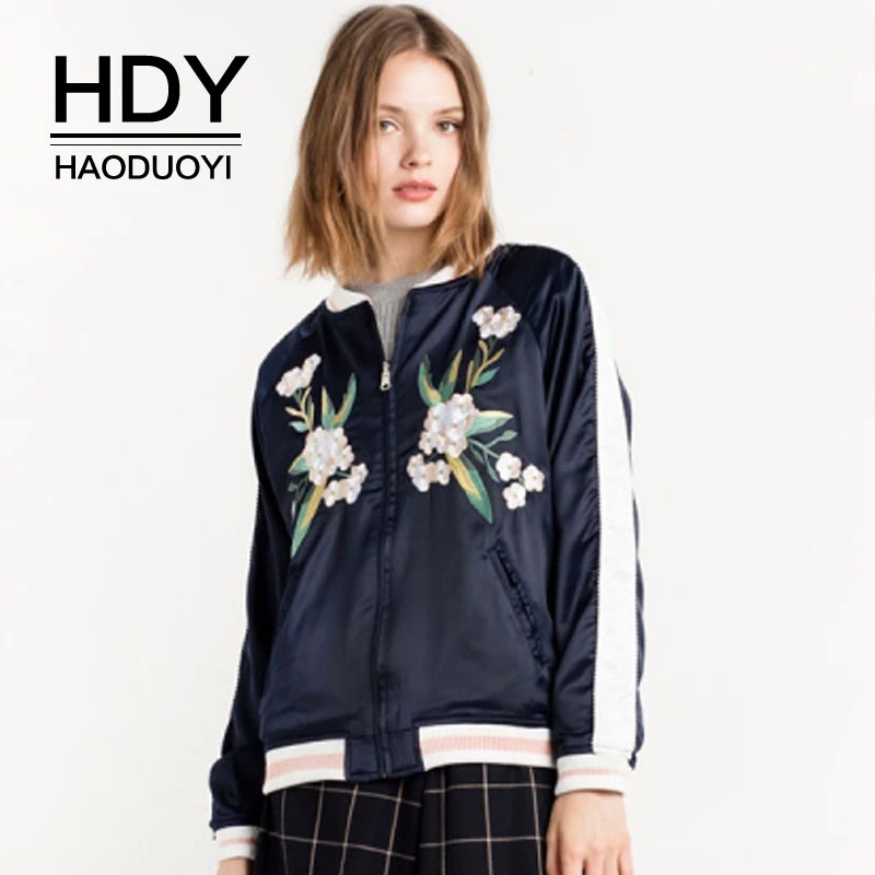 

HDY Haoduoyi New Fashion Autumn Ladies Floral Embroidery Bomber Jacket Casual Long Sleeve Spliced Light Weight Zipper Coat