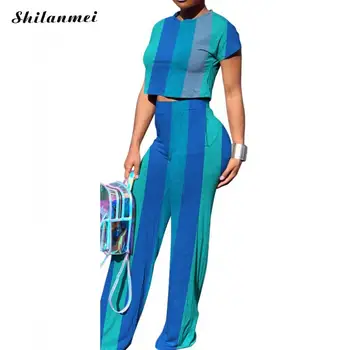 

Women Striped Set 2019 Summer Autumn Color Patchwork Short Sleeve Two Pieces Sets Crop Tops Long Pants Fashion Loose Tracksuit