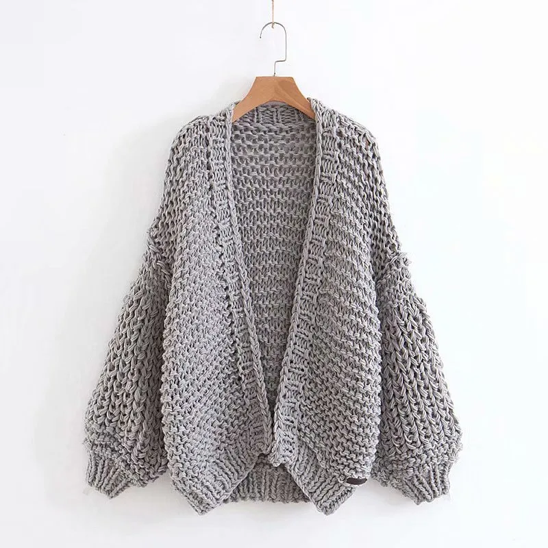 

2018 Europe And America Autumn And Winter New Style WOMEN'S Dress Entirely Handmade Lantern Sleeve Chunky Knitted Cardigan Loose