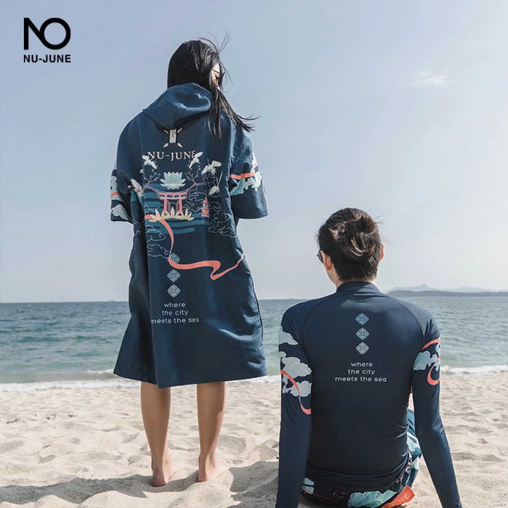 Nu-June Beach Towel Poncho Hooded Bath Microfiber Wetsuit Changing Robe Poncho Surf Towel for Swimming Beach Outdooor Bathrobe