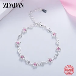 ZDADAN 925 Sterling Silver Pink Crystal Bracelet For Women Fashion Gift Charm Jewelry