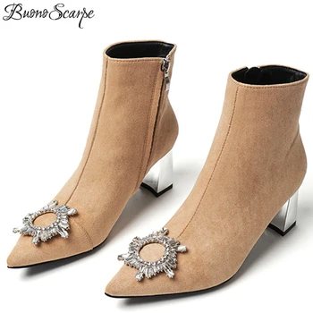

Crystal Buckles Women Boots Rhinestone Ankle Boots Pointed Toe Short Boots Female Metal Heels Botas Mujer Suede Ladies Shoes