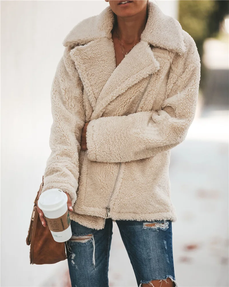 IClosam женское осенне-зимнее пальто плюшевое пальто из искусственного меха теплая верхняя одежда с длинными рукавами женское короткое пальто на молнии с отложным воротником
