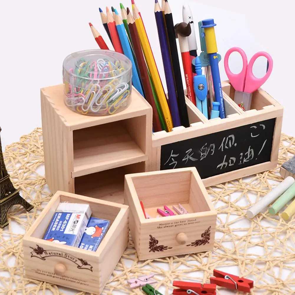 

Wood Double Layer Drawer Tabletop Pen Holder Organizer with Message Board for Home Office