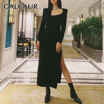 

GALCAUR Party Dress For Women O Neck Long Sleeve High Waist Split Backless Patchwork Bowknot Designer Dresses Female 2020 Style
