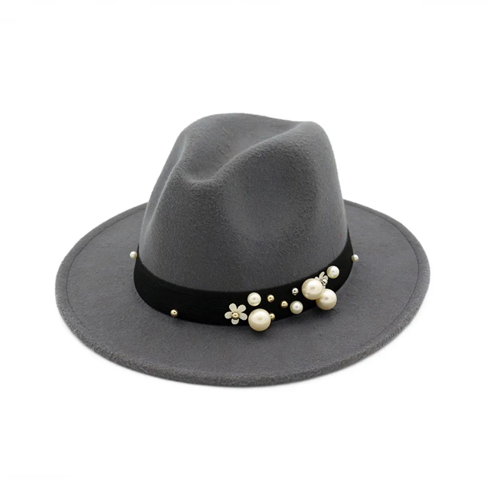 Gray Модная женская шерстяная шляпа Fedora с перламутровым поясом элегантная женская джазовая шляпа чародейная шляпка для церкви размер 56-58 см - Цвет: Gray