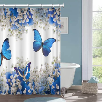 

Home Decor Shower Curtain Set Modern Butterfly Printed Hotel For Family Toilet Lid Cover Non Slip Bathroom Mats Easy Install
