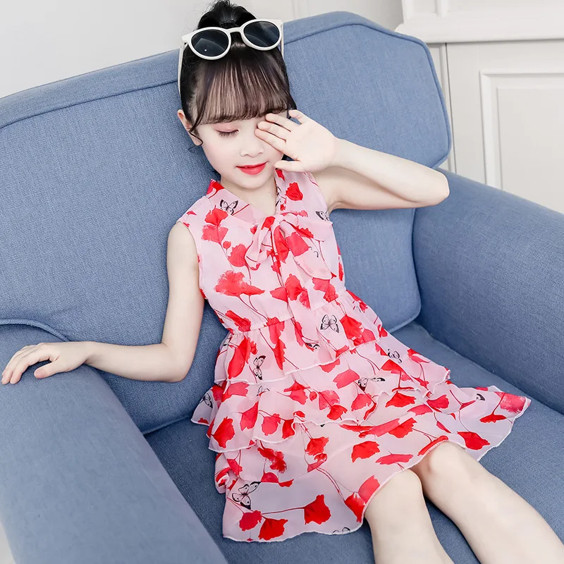 Платье для девочек Летний шифон без рукавов Детское платье с цветочным рисунком Детские платья принцессы в богемном стиле пляжная одежда для девочек 4, 6, 8, 10, 12 лет
