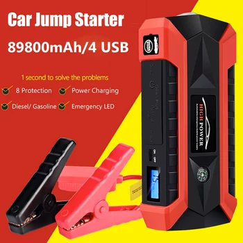 

89800mAh 4USB 12V 600A LED Car Jump Starter Portable Emergency Charger Battery Power Bank Car Booster Starting Device Waterproof