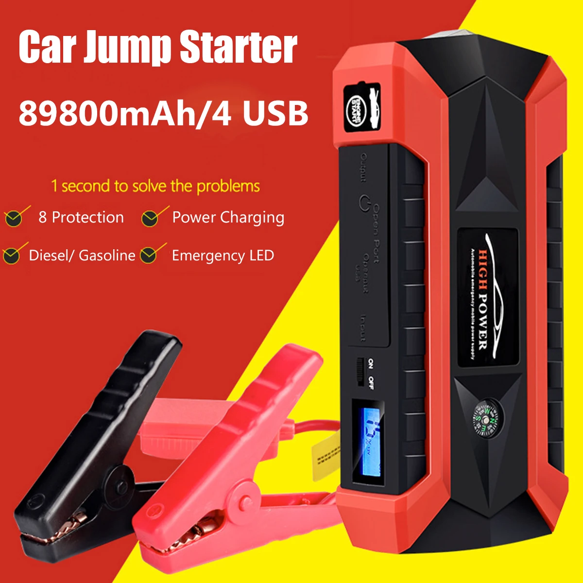  89800mAh 4USB 12V 600A LED Car Jump Starter Portable Emergency Charger Battery Power Bank Car Boost