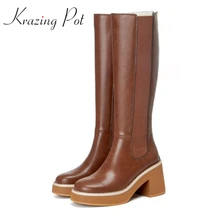 Krazing pot cow split leather retro round toe platform long boots high heels zip maiden increased equestrian thigh high boots