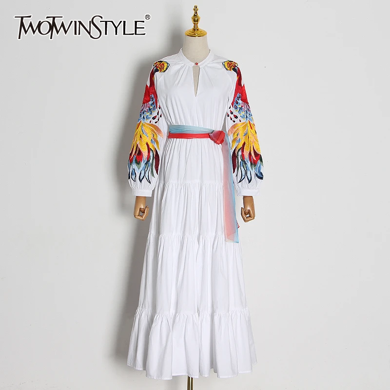 TWOTWINSTYLE Elegant Embroidery Patchwork Women Dress O Neck Lantern Long Sleeve High Waist Lace Up Dresses Female 2020 Fashion TWOTWINSTYLE Elegant Embroidery Patchwork Women Dress O Neck Lantern Long Sleeve High Waist Lace Up Dresses Female 2020 Fashion