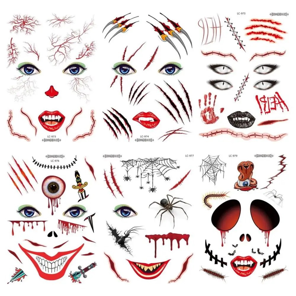

Large Horror Temporary Tattoo Sticker 3D Reality Vampire Blood Scar Skull Face Water Transfer Tattoo Flash Tatto for Men Women