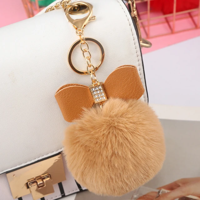 1PC Fluffy Pompom Key chains PU Leather Bow Key ring Fashion Women Handbag  Pendant Car Key Holder Accessory