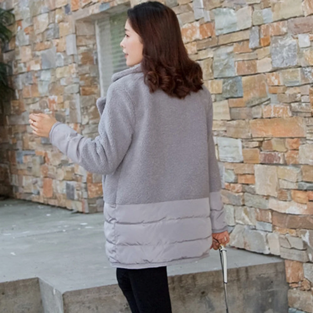 Long Wool Blends Women Autumn Elegant Office Ladies Causal Solid Gray Patchwork Woolen Thick Warm Winter Coat Cotton Clothes