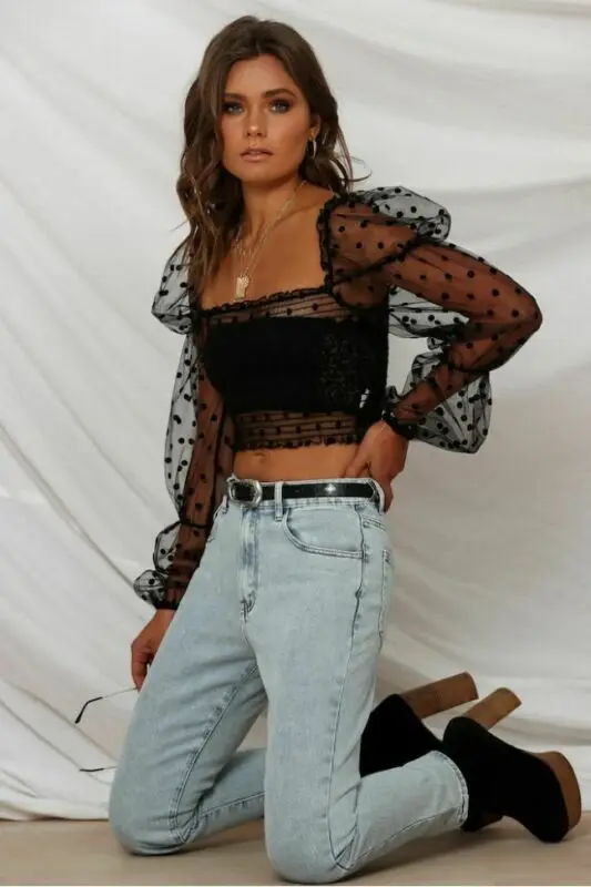 

Retro Fashion Women Sheer Mesh Shirt Top 2020 Autumn Casual Long Sleeve Blouse See-through Crop Top Shirt Vest Female Blouses