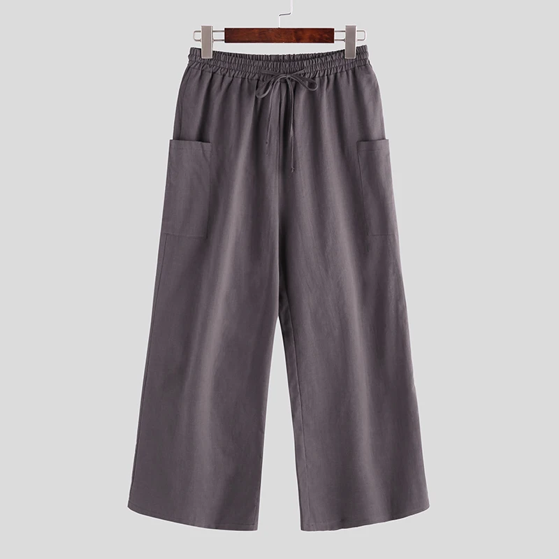 Brown Pants INCERUN, хлопок, мужские широкие брюки, эластичная талия, джоггеры, карманы, длинные штаны, одноцветные,, Ретро стиль, мешковатые, повседневные брюки, Мужская Уличная одежда - Цвет: Brown Pants