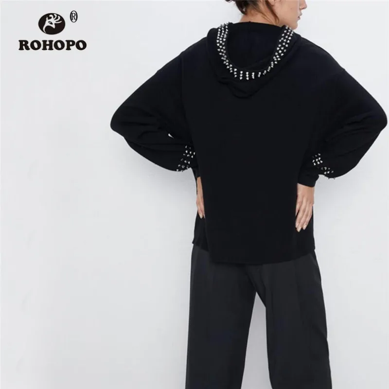ROHOPO, с капюшоном, с воротником, с заклепками, осенняя женская черная толстовка, пуловер, шикарный, в стиле панк, с длинным рукавом, Джерси, зимние топы, толстовки#9580